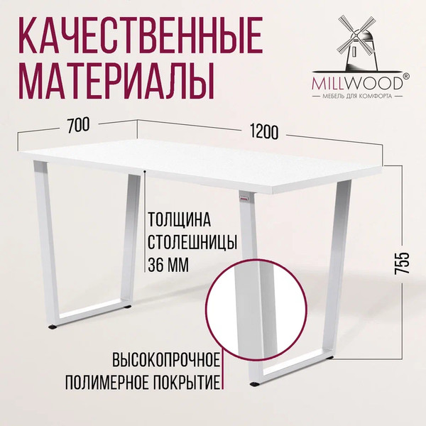 Изображение товара Обеденный стол Millwood Лофт Уэльс Л 120x70x75 (белый/металл белый)