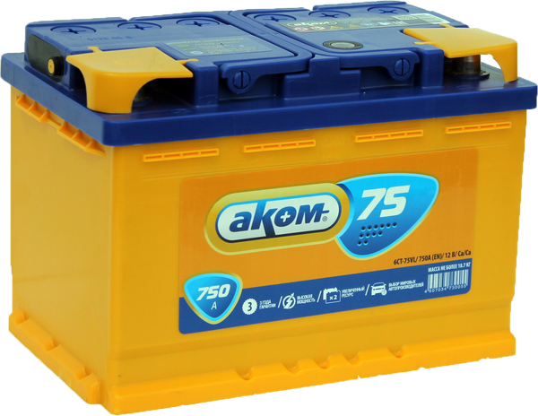 Изображение товара Автомобильный аккумулятор AKOM 6СТ-75 Рус L+ 750A (75 А/ч)