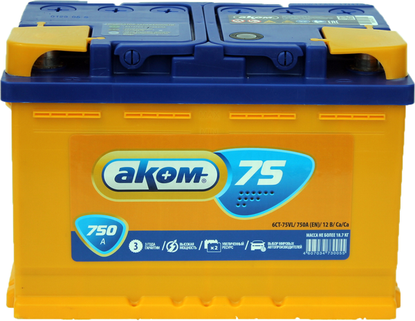 Автомобильный аккумулятор AKOM 6СТ-75 Рус L+ 750A (75 А/ч)