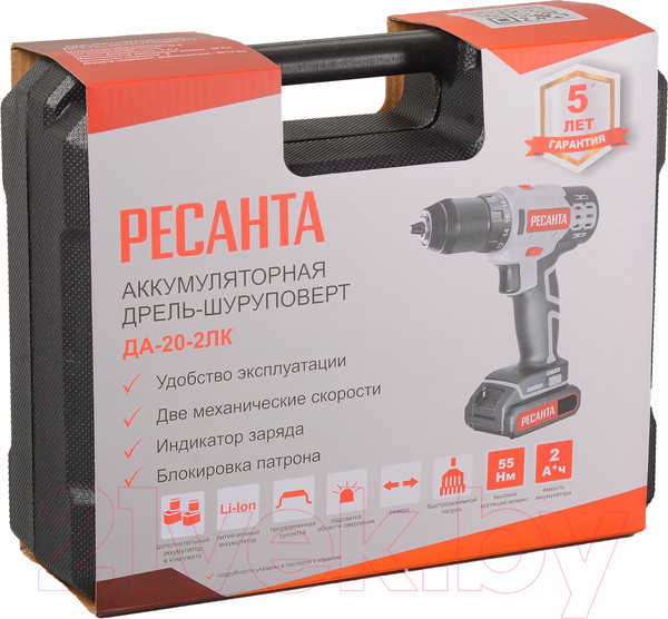 Изображение товара Аккумуляторная дрель-шуруповерт Ресанта ДА-20-2ЛК (75/14/11)