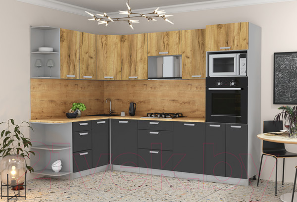 Изображение товара Кухонный гарнитур Интерлиния Мила Лайт 1.68x2.8 левая (дуб золотой/антрацит/дуб бунратти)