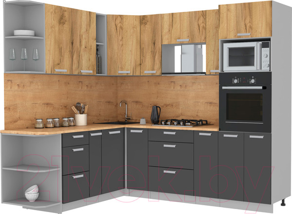 Изображение товара Кухонный гарнитур Интерлиния Мила Лайт 1.88x2.4 левая (дуб золотой/антрацит/дуб бунратти)