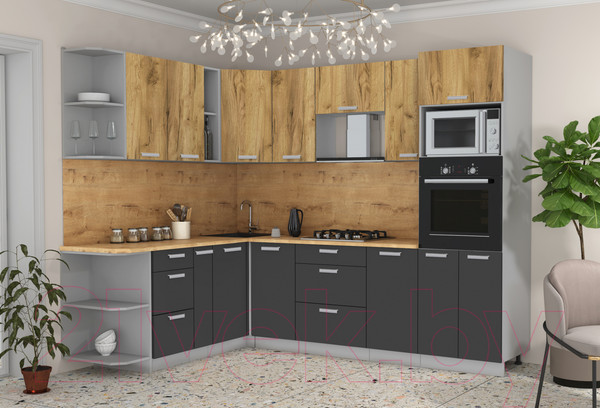 Изображение товара Кухонный гарнитур Интерлиния Мила Лайт 1.88x2.6 левая (дуб золотой/антрацит/дуб бунратти)