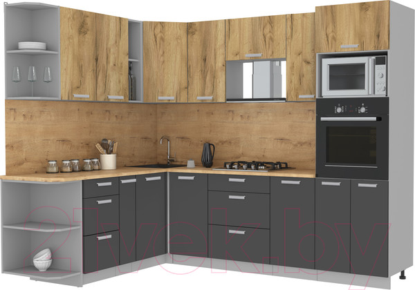 Изображение товара Кухонный гарнитур Интерлиния Мила Лайт 1.88x2.6 левая (дуб золотой/антрацит/дуб бунратти)