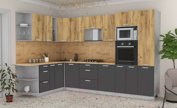 Изображение товара Кухонный гарнитур Интерлиния Мила Лайт 1.88x3.2 левая (дуб золотой/антрацит/дуб бунратти)