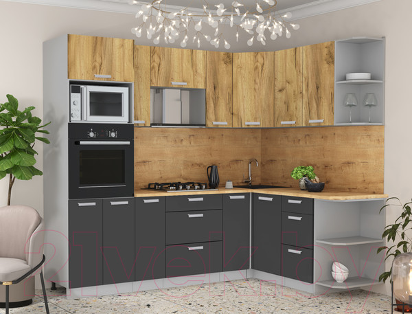 Изображение товара Кухонный гарнитур Интерлиния Мила Лайт 1.68x2.4 правая (дуб золотой/антрацит/дуб бунратти)