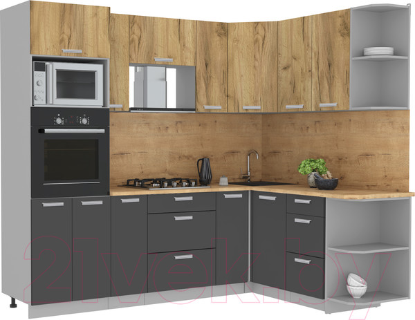 Изображение товара Кухонный гарнитур Интерлиния Мила Лайт 1.68x2.4 правая (дуб золотой/антрацит/дуб бунратти)