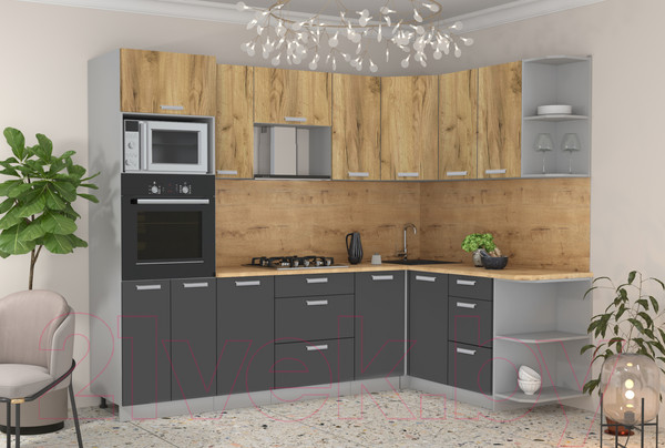Изображение товара Кухонный гарнитур Интерлиния Мила Лайт 1.68x2.6 правая (дуб золотой/антрацит/дуб бунратти)