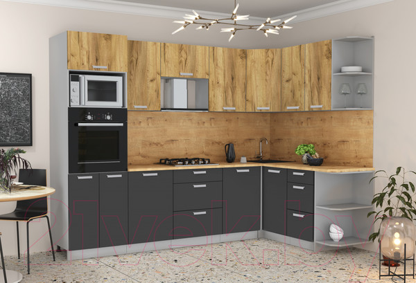 Изображение товара Кухонный гарнитур Интерлиния Мила Лайт 1.68x2.8 правая (дуб золотой/антрацит/дуб бунратти)