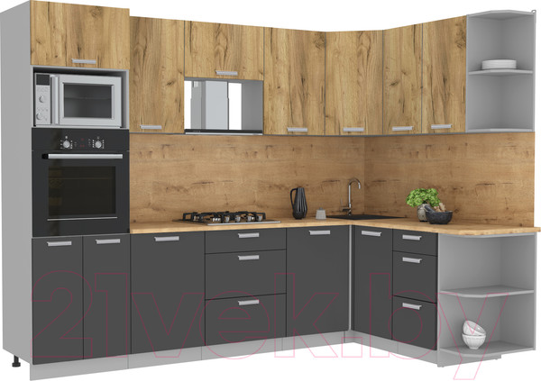 Изображение товара Кухонный гарнитур Интерлиния Мила Лайт 1.68x2.8 правая (дуб золотой/антрацит/дуб бунратти)