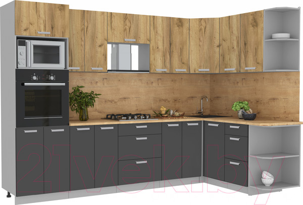 Изображение товара Кухонный гарнитур Интерлиния Мила Лайт 1.68x3.0 правая (дуб золотой/антрацит/дуб бунратти)