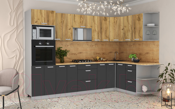 Изображение товара Кухонный гарнитур Интерлиния Мила Лайт 1.68x3.0 правая (дуб золотой/антрацит/дуб бунратти)