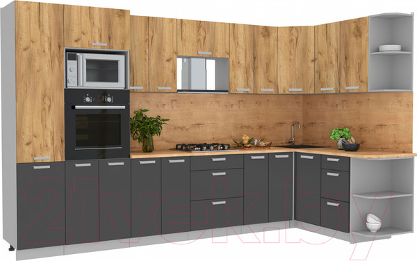 Изображение товара Кухонный гарнитур Интерлиния Мила Лайт 1.68x3.4 правая (дуб золотой/антрацит/дуб бунратти)