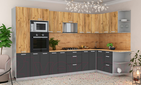 Изображение товара Кухонный гарнитур Интерлиния Мила Лайт 1.68x3.4 правая (дуб золотой/антрацит/дуб бунратти)