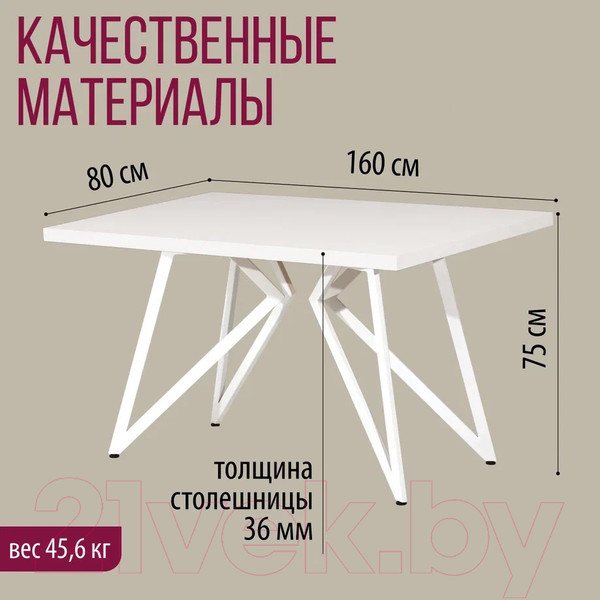 Изображение товара Обеденный стол Millwood Женева Л 160x80x75 (белый/металл белый)