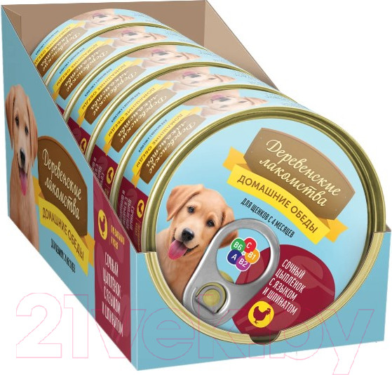 Изображение товара Влажный корм для собак Деревенские лакомства Домашние обеды сочный цыпленок с языком и шпинатом (100г)