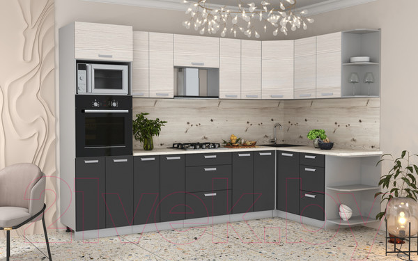 Изображение товара Кухонный гарнитур Интерлиния Мила Лайт 1.68x3.0 правая (вудлайн кремовый/антрацит/бискайская сосна)