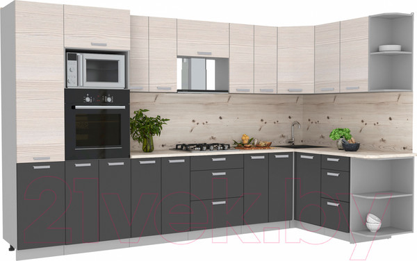 Изображение товара Кухонный гарнитур Интерлиния Мила Лайт 1.68x3.4 правая (вудлайн кремовый/антрацит/бискайская сосна)