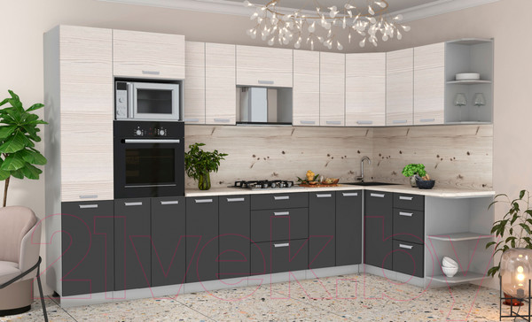 Изображение товара Кухонный гарнитур Интерлиния Мила Лайт 1.68x3.4 правая (вудлайн кремовый/антрацит/бискайская сосна)