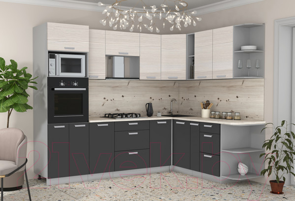 Изображение товара Кухонный гарнитур Интерлиния Мила Лайт 1.88x2.6 правая (вудлайн кремовый/антрацит/бискайская сосна)