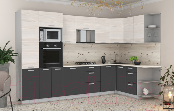 Изображение товара Кухонный гарнитур Интерлиния Мила Лайт 1.88x3.2 правая (вудлайн кремовый/антрацит/бискайская сосна)