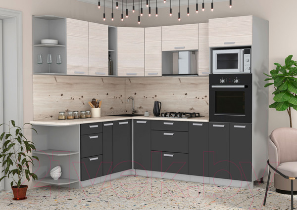 Изображение товара Кухонный гарнитур Интерлиния Мила Лайт 1.88x2.4 левая (вудлайн кремовый/антрацит/бискайская сосна)