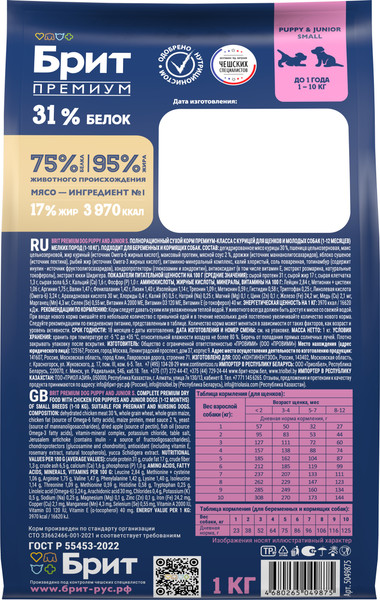 Изображение товара Сухой корм для собак Brit Premium Dog Puppy and Junior Small с курицей / 5049875 (1кг)