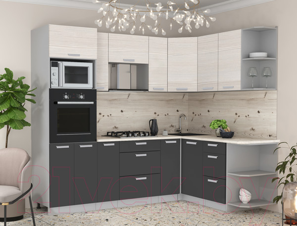 Изображение товара Кухонный гарнитур Интерлиния Мила Лайт 1.68x2.4 правая (вудлайн кремовый/антрацит/бискайская сосна)