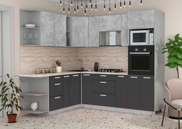 Изображение товара Кухонный гарнитур Интерлиния Мила Лайт 1.88x2.4 левая (бетон/антрацит/травертин)