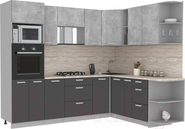 Изображение товара Кухонный гарнитур Интерлиния Мила Лайт 1.88x2.6 правая (бетон/антрацит/травертин)