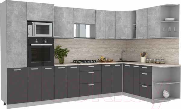 Изображение товара Кухонный гарнитур Интерлиния Мила Лайт 1.88x3.4 правая (бетон/антрацит/травертин)