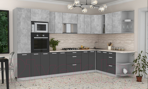 Изображение товара Кухонный гарнитур Интерлиния Мила Лайт 1.88x3.4 правая (бетон/антрацит/травертин)