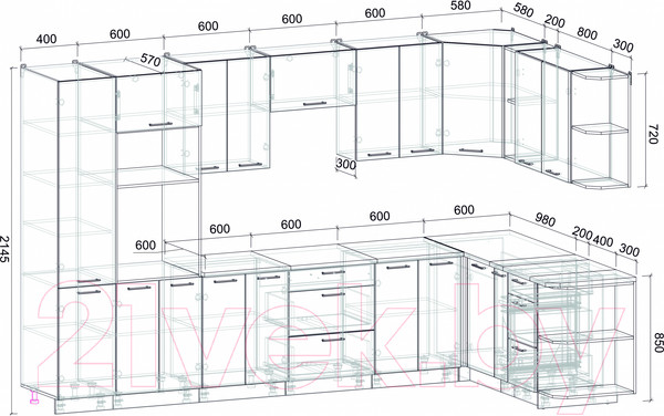 Изображение товара Кухонный гарнитур Интерлиния Мила Лайт 1.88x3.4 правая (бетон/антрацит/травертин)
