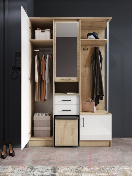 Изображение товара Секция в прихожую ДСВ Дуся 1.3 (дуб бунратти/белый бриллиант)