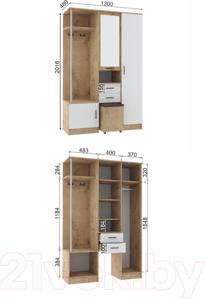 Изображение товара Секция в прихожую ДСВ Дуся 1.3 (дуб бунратти/белый бриллиант)