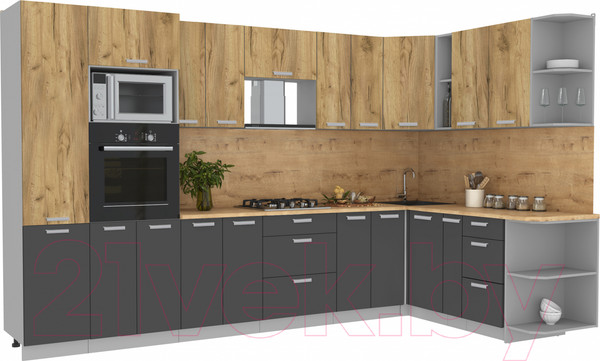 Изображение товара Кухонный гарнитур Интерлиния Мила Лайт 1.88x3.4 правая (дуб золотой/антрацит/дуб бунратти)