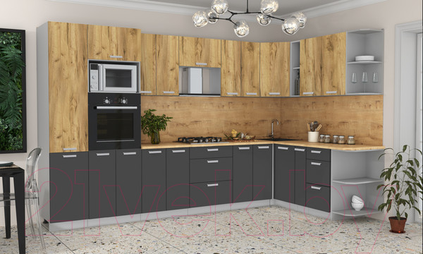 Изображение товара Кухонный гарнитур Интерлиния Мила Лайт 1.88x3.4 правая (дуб золотой/антрацит/дуб бунратти)
