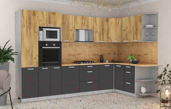 Изображение товара Кухонный гарнитур Интерлиния Мила Лайт 1.88x3.2 правая (дуб золотой/антрацит/дуб бунратти)