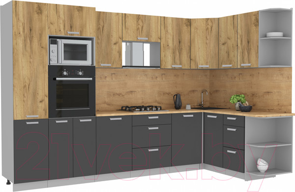 Изображение товара Кухонный гарнитур Интерлиния Мила Лайт 1.88x3.2 правая (дуб золотой/антрацит/дуб бунратти)