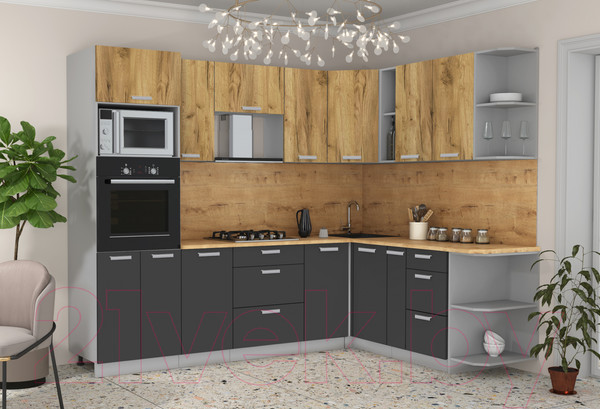 Изображение товара Кухонный гарнитур Интерлиния Мила Лайт 1.88x2.6 правая (дуб золотой/антрацит/дуб бунратти)