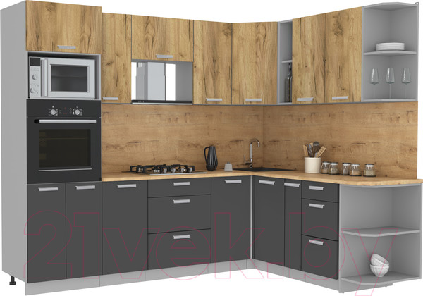 Изображение товара Кухонный гарнитур Интерлиния Мила Лайт 1.88x2.6 правая (дуб золотой/антрацит/дуб бунратти)