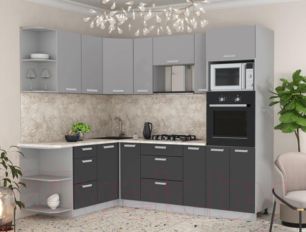 Изображение товара Кухонный гарнитур Интерлиния Мила Лайт 1.68x2.4 левая (серебристый/антрацит/опал светлый)