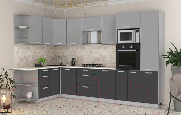 Изображение товара Кухонный гарнитур Интерлиния Мила Лайт 1.68x3.2 левая (серебристый/антрацит/опал светлый)