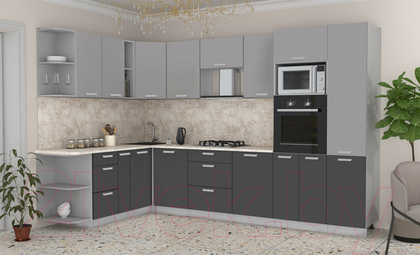 Изображение товара Кухонный гарнитур Интерлиния Мила Лайт 1.88x3.2 левая  (серебристый/антрацит/опал светлый)