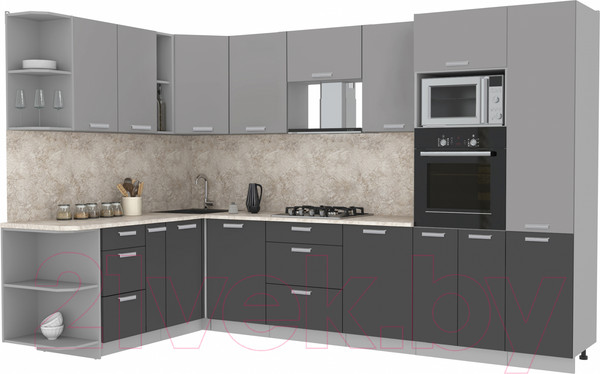 Изображение товара Кухонный гарнитур Интерлиния Мила Лайт 1.88x3.2 левая  (серебристый/антрацит/опал светлый)