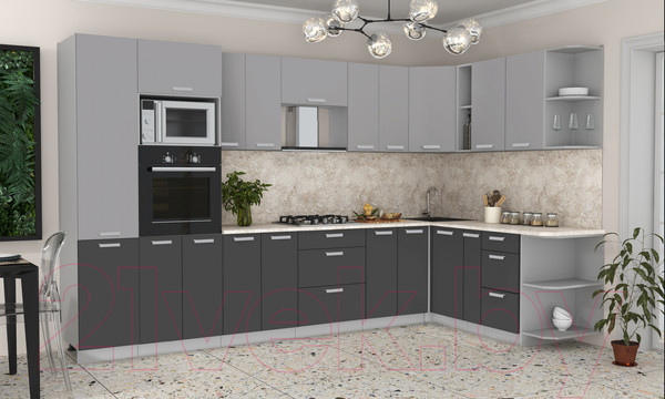 Изображение товара Кухонный гарнитур Интерлиния Мила Лайт 1.88x3.4 правая (серебристый/антрацит/опал светлый)