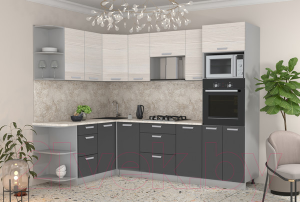 Изображение товара Кухонный гарнитур Интерлиния Мила Лайт 1.68x2.6 левая (вудлайн кремовый/антрацит/опал светлый)