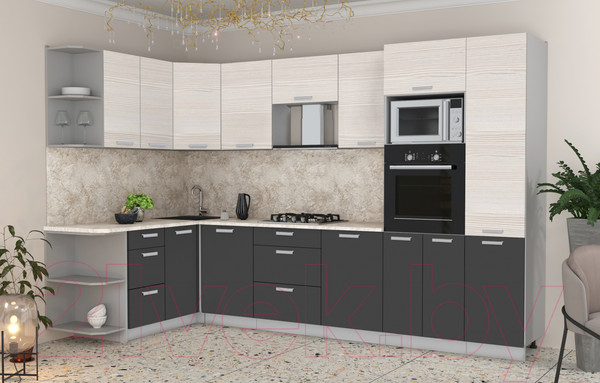 Изображение товара Кухонный гарнитур Интерлиния Мила Лайт 1.68x3.2 левая (вудлайн кремовый/антрацит/опал светлый)