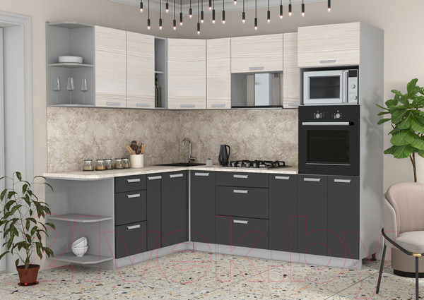 Изображение товара Кухонный гарнитур Интерлиния Мила Лайт 1.88x2.4 левая (вудлайн кремовый/антрацит/опал светлый)