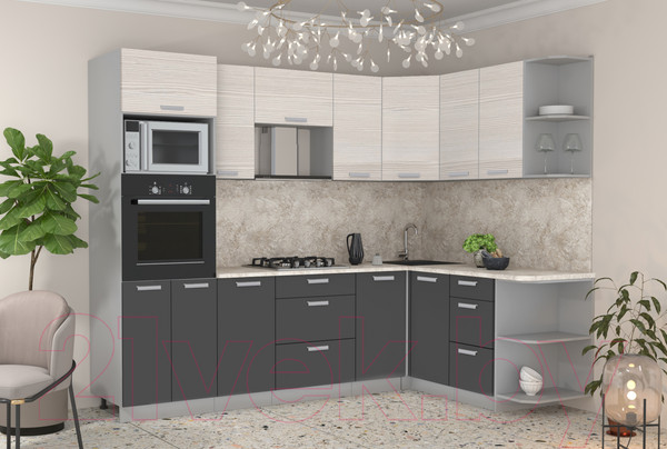 Изображение товара Кухонный гарнитур Интерлиния Мила Лайт 1.68x2.6 правая (вудлайн кремовый/антрацит/опал светлый)
